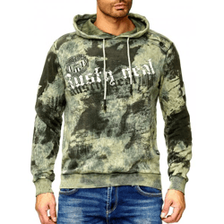 Herren Hoodie im Batik Look Kapuzen-Pullover mit Vintage Print Sweater 19113 Khaki