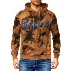 Herren Hoodie im Batik Look Kapuzen-Pullover mit Vintage Print Sweater 19113 Camel