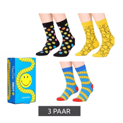 3 Paar Happy Socks Unisex Baumwoll-Socken Sparpack mit Smiley-Print Alltags-Strümpfe in Geschenk-Box XSMY08-6700 Gelb/Schwarz/Blau