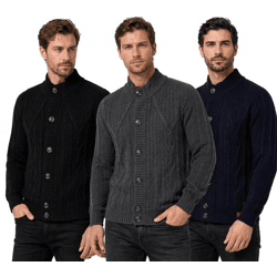 Klassische Herren Grobstrick Strick-Jacke mit Stehkragen und Knopfleiste Struktur-Cardigan 13401 Schwarz, Marine-Blau oder Grau