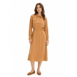Klassisches Damen Hemdblusenkleid aus Viskose-Mix Maxi-Kleid 943847 Hell-Braun