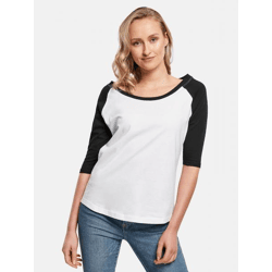 bequemes Build Your Brand Damen T-Shirt Rippbündchen 140 g/m² mit Baumwolle Weiß/Schwarz