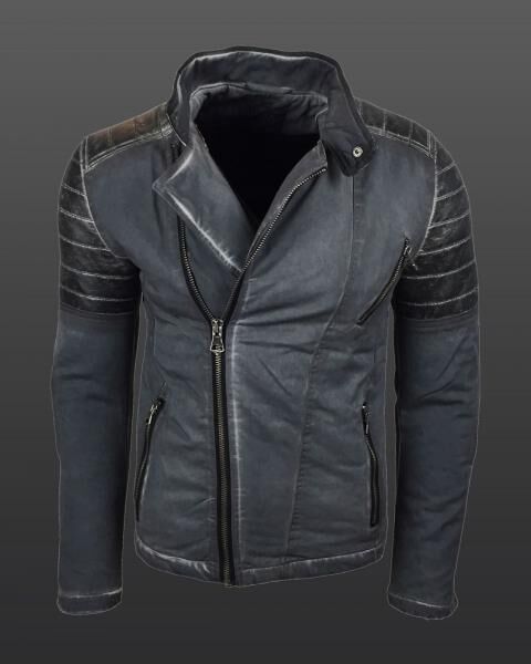 Trendige Herren Biker-Jacke Washed Look mit Kunstleder &Auml;rmeln Slim Fit &Uuml;bergangs-Jacke 8840 Anthrazit