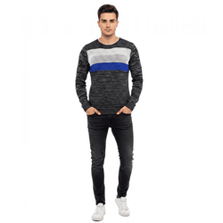 Moderner Herren Strickpullover im Colorblock Slim Fit Rundhals-Sweater 6272 Anthrazit/Grau/Blau