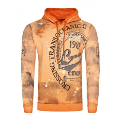 Exklusiver Herren Kapuzen-Pullover Oil-Washed Hoodie mit Knopfleiste und Sea-Print Sweater 19128 Orange