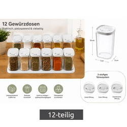 12-teiliges Gewürzstreuer-Set aus Kunststoff mit Deckel und 2 Halterungen 250 ml Gewürzbehälter für Gewürze, Kräuter, Pfeffer und Sal