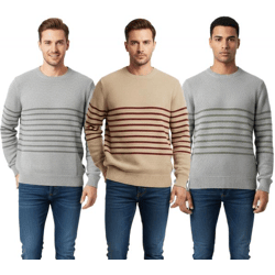 Stylischer ESPRIT Herren Strick-Pullover mit Streifen Rundhals-Sweater Baumwoll-Pullover in Grau/Dunkelgrau, Beige/Bordeaux oder Grau/Grün
