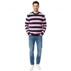 Stylischer ESPRIT Herren Strick-Pullover mit Streifen Rundhals-Sweater Baumwoll-Pullover Dunkelblau/Rosa