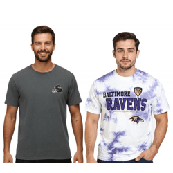 RE:COVERED X NFL Baltimore Ravens Herren T-Shirt mit Football-Helm Baumwoll-Shirt Rundhals-Shirt RCNFL13 Grau Uni-Farben oder Lila/Weiß Ba