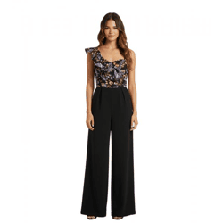 stylischer Overall extravaganter Damen Jumpsuit mit weitem Bein und Volant und Blumen Silvester Einteiler 970821 Schwarz