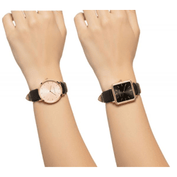 LILY + STONE Damen Armband-Uhr analoge Quarz-Uhr mit Leder-Armband mit rundem oder quadratischem Gehäuse Schwarz/Roségold oder Schwarz/Go
