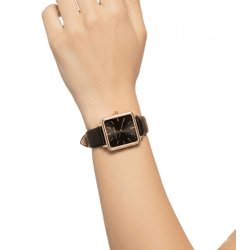 LILY + STONE Damen Armband-Uhr mit quadratischem Gehäuse analoge Quarz-Uhr mit Leder-Armband LSMIL001 Schwarz/Gold