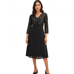 zeitloses Damen Abend-Kleid Chiffon-Kleid mit 3/4-Ärmeln Midi-Kleid 949200 Schwarz 
