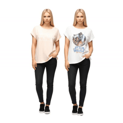 RE:COVERED X STAR WARS Damen T-Shirt mit Schriftzug Baumwoll-Shirt Rundhals-Shirt Boyfriend-Cut in Rosa oder Ecru-Weiß