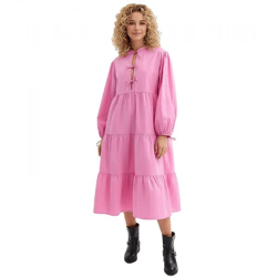 weites Damen Midi-Kleid mit Schleifen aus reiner Baumwolle Langarm-Kleid 977645 Rosa