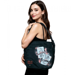 ALCHEMY UL13 Damen Messenger-bag Umhängetasche mit Print und Logo Stickereien Baumwoll-Tasche schwarz
