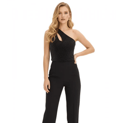 elegantes Damen One-Shoulder Glitzer-Top mit Cut-Out-Detail Urlaubs-Kleidung 903349 Schwarz/Gold
