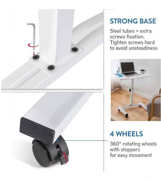 Tatkraft Cheer Laptop-Tisch h&ouml;henverstellbarer Arbeits-Tisch Laptop-St&auml;nder 360 Grad drehbare R&auml;der Bett-Tisch 40x60cm 10345 Wei&szlig;