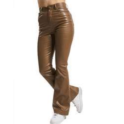 Sixth June Women's Faux Leather Bell-Bottom Pants with Brand Embroidery, Everyday Pants 33611 Brown