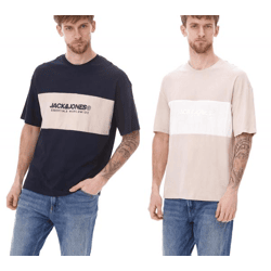 JACK & JONES Herren Rundhals-Shirt Baumwoll-Shirt T-Shirt Kurzarm-Shirt 12258883 Beige/Weiß oder Dunkelblau/Beige