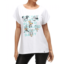 RE:COVERED X Disney Damen T-Shirt mit Mickey Mouse and Friends Aufdruck Baumwoll-Shirt Rundhals-Shirt RCDIF2065 Weiß
