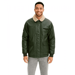 Herren Piloten-Jacke aus Lederimitat stylische Outdoor-Jacke mit Teddykragen 934067 Olivgrün