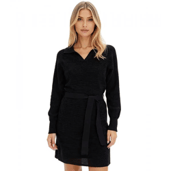 Damen Strick-Kleid Mini-Kleid mit Polo-Kragen Langarm-Kleid Baumwoll-Kleid 905509 Schwarz