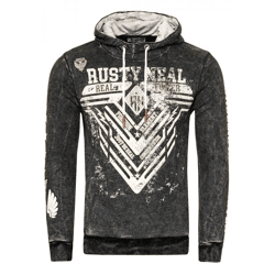 Auffälliger Herren Kapuzen-Pullover Oil-Washed Hoodie mit Grafik-Print Sweatshirt 19126 Schwarz