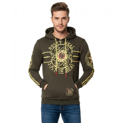 Lässiger Herren Kapuzen-Pullover Hoodie mit Logo-Print und Känguru-Tasche Sweatshirt 19127 Khaki