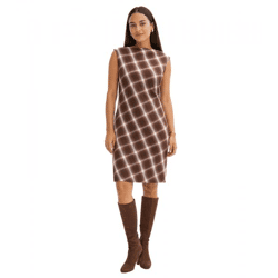 schickes Damen Kleid im Karo-Muster Abend-Kleid Mini-Kleid ärmellos 938009 Braun/Weiß