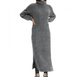weiches Damen Midi-Kleid Basic-Kleid aus Boucle-Garn Langarm-Kleid 935820 Größe Größen Grau