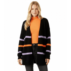 Aniston CASUAL Damen Strick-Jacke modischer Cardigan mit farbigen Streifen 95448519 Schwarz/Orange/Lila