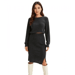 Damen Midi-Rock stylischer Strick-Rock mit Gummibund Große Größen 932509 Anthrazit melliert