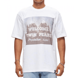 RE:COVERED X Twin Peaks Herren T-Shirt mit großem Front-Print Baumwoll-Shirt Kurzarm-Shirt RCVCM692 Weiß