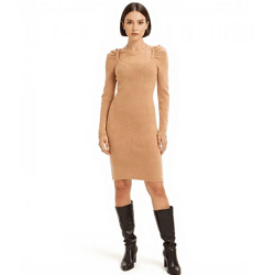 Damen Ripp-Strick-Kleid mit Karree-Ausschnitt Mini-Kleid mit langen Ärmeln 921895 Braun
