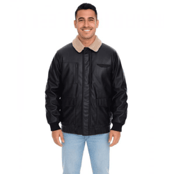 Herren Piloten-Jacke aus Lederimitat stylische Outdoor-Jacke mit Teddykragen 950871 Schwarz
