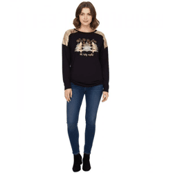 Damen Langarm-Pullover mit Weihnachts-Muster Shirt mit Pailletten Longsleeve mit Glitzer-Aufdruck 951384 Schwarz/Gold