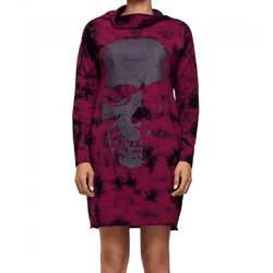 ROCKUPY Damen Sweat-Kleid mit Totenkopf-Print Pullover-Kleid Langarm-Kleid W-393822 Bordeaux/Schwarz