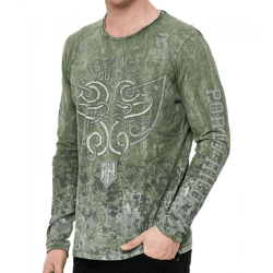 Herren Longsleeve mit Allover-Tribal-Print Baumwoll-Langarm-Shirt Sommer-Pullover Freizeit-Shirt R-10152 Khaki