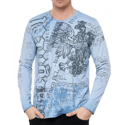 Herren Longsleeve mit urbanen Motiv-Print Langarm-Shirt mit Knopfleiste an Ausschnitt R-10141 Blau