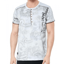 Herren T-Shirt mit Urban-Print Baumwoll-Oberteil Sommer-Rundhals-Shirt mit Knopfleiste R-15246 Hellgrau