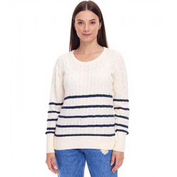 DELMAO Damen Strick-Pullover gestreifter Baumwoll-Pulli Zopfstrick 94622740 Wollweiß/Navy 