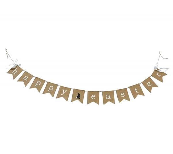 Oster-Girlande mit Aufschrift "Happy Easter" und wei&szlig;en Schleifen Wimpel-Kette H&auml;nge-Deko Dekoband 976192 Beige