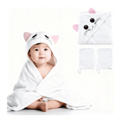 Kuschelweiches bloomborn Baby Badetücher Set Kapuzen-Handtuch mit Katzenmotiv inkl. 2x Waschhandschuh Baumwoll-Badetuch 75 x 75cm Weiß