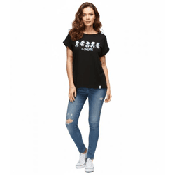 RE:COVERED X Schlümpfe Damen T-Shirt mit Schlumpf Print Baumwoll-Shirt Boyfriend-Cut Rundhals-Shirt RCSMF117 Schwarz