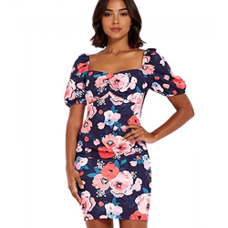 Damen Sommer-Kleid mit floralem Allover-Print Mini-Kleid mit Puff-Ärmeln Freizeit-Kleid 931070 Blau/Bunt