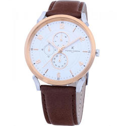 Pierre Cardin Herren Armband-Uhr mit Multi-Ziffernblatt analoge Quarz-Uhr mit Leder-Armband 3ATM 44mm CPI.2060 Braun/Rosegold/Silber
