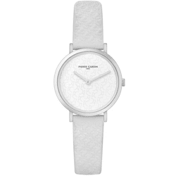 Pierre Cardin Damen Armband-Uhr mit Marken-Kürzel-Print analoge Quarz-Uhr mit Leder-Armband 3ATM 31mm CBV.1501 Weiß/Silber