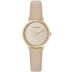 Pierre Cardin Damen vergoldete Armband-Uhr mit Marken-Kürzel-Print analoge Quarz-Uhr mit Leder-Armband 3ATM 31mm CBV.1503 Beige/Gold