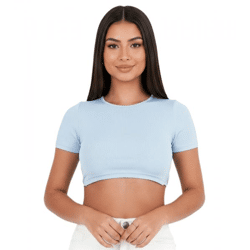 Sixth June Damen Crop-Top geripptes Sommer-Shirt mit Rückenausschnitt Kurzarm-Shirt W33854KTO-L Hellblau